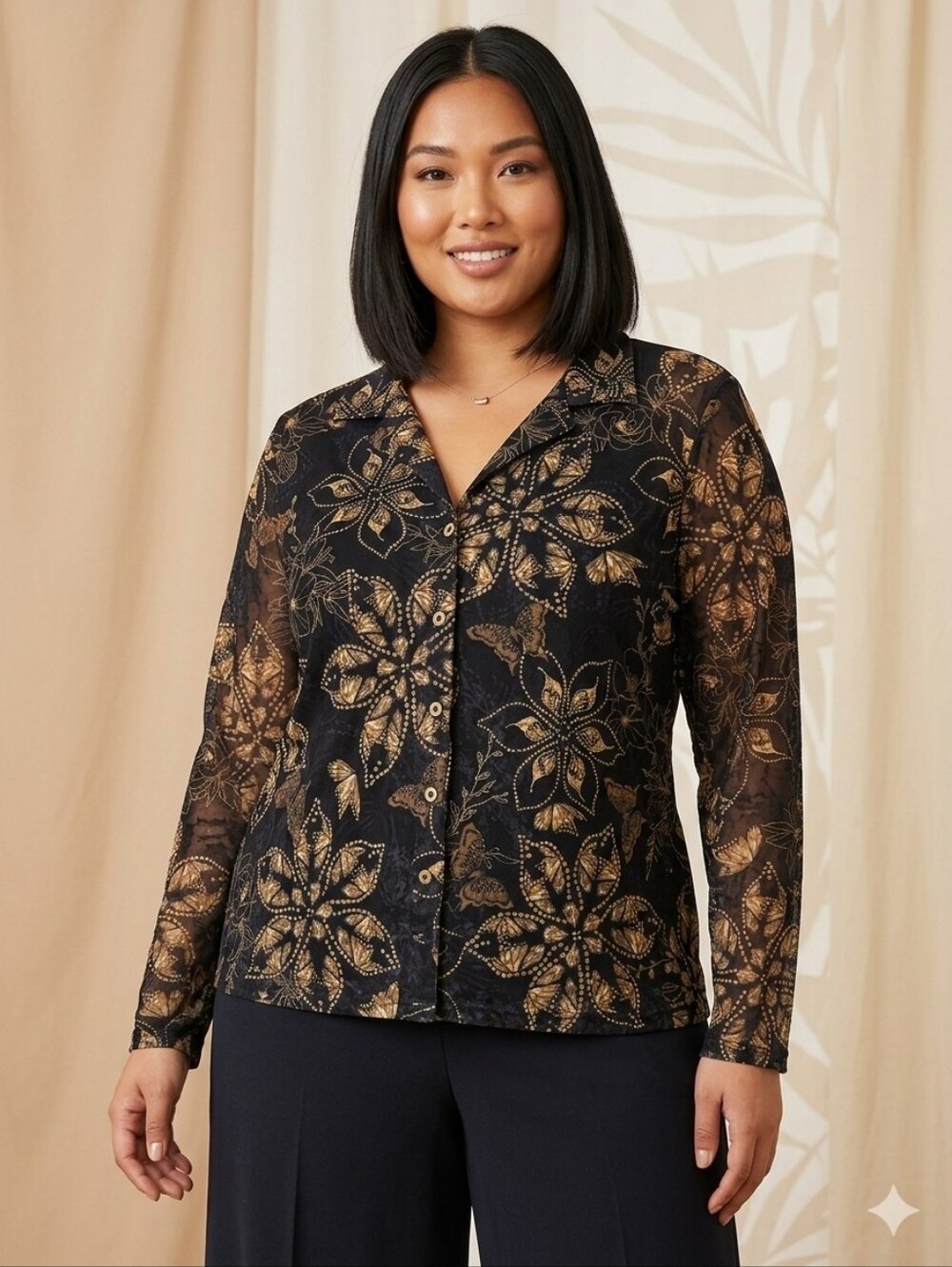 Jane And Delancey Golden Butterfly Black Mesh Top XL